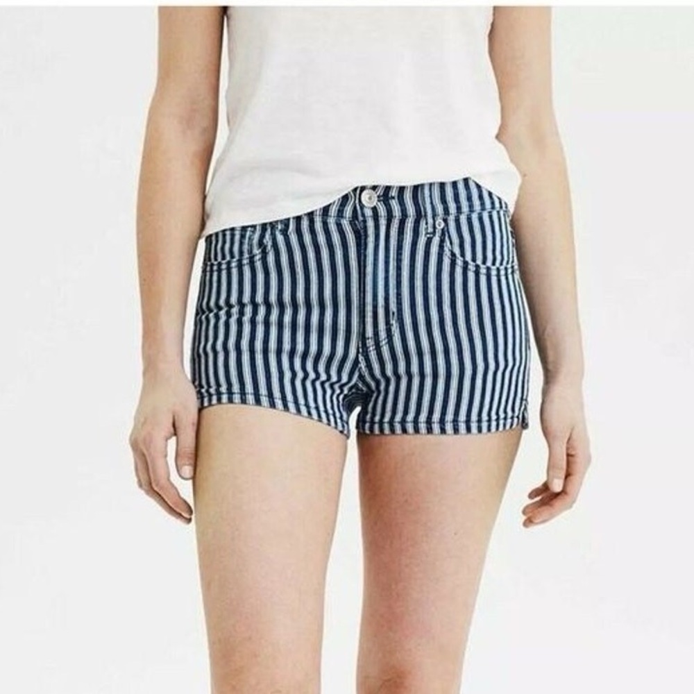 American Eagle Women's Hi-Rise Shortie Striped Denim Shorts Navy Blue White